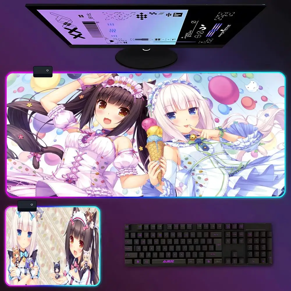 

Милый коврик для мыши в стиле аниме Nekopara, RGB, светящийся, 700x400 мм, большой Настольный коврик, зашифрованный, нескользящий, очень большой коврик для мыши