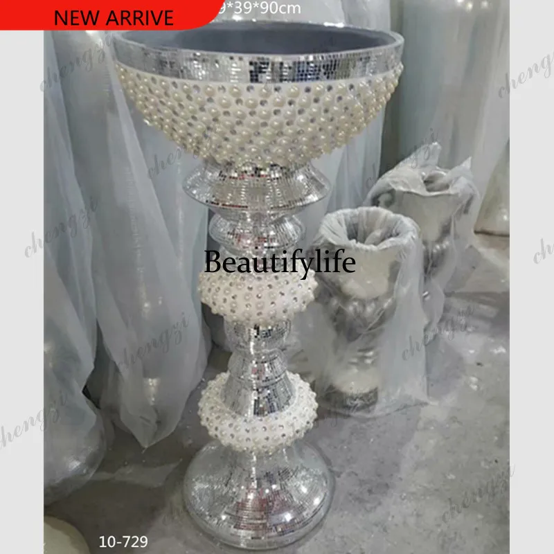 H132 large round basin mouth sticker diamond pearl floor vase fiberglass flower ware mall club ornament
