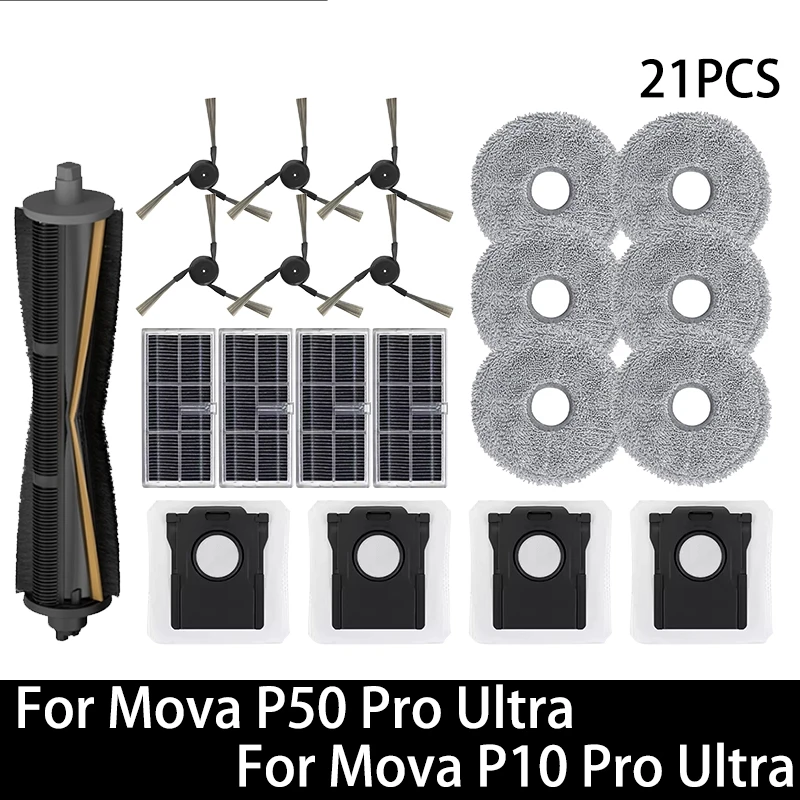 Reserveonderdelen voor Mova P50 Pro Ultra / Mova P10 Pro Ultra robotstofzuiger: hoofdborstel, zijborstel, HEPA-filter, dweil, stofzak, accessoires