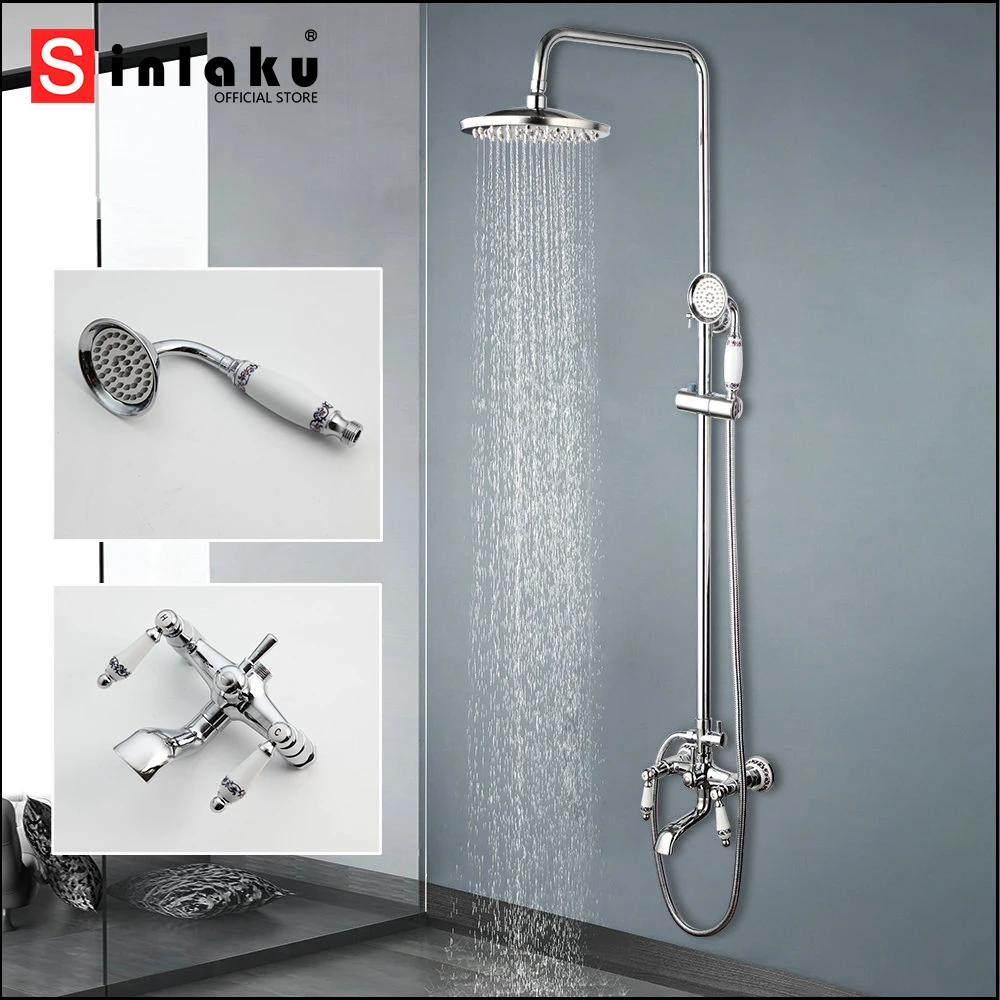 

SINLAKU Chrome Polished Bathroom Shower Set Bath Mixer Set 3 Functions Rainfall 8 Inch Shower Head W/Hand Bathtub Shower Faucet