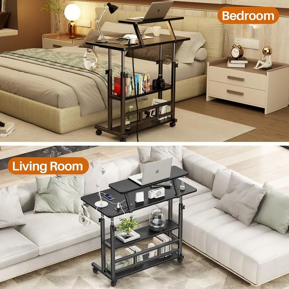 Escritorio de pie ergonómico ajustable con alimentación, soporte para monitor y almacenamiento para computadoras portátiles (negro)