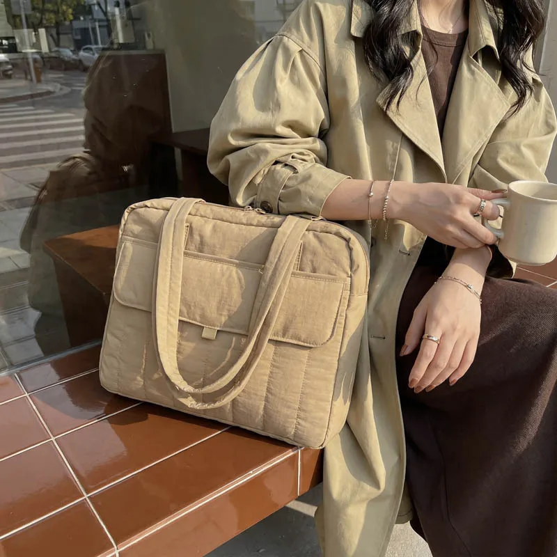 OUIO Quilted Laptop Tote Bag Multi Pocket Shockproof Notebook Handbag 7 Color Portable Work Carry Case For MacBook 13 14 16 Inch