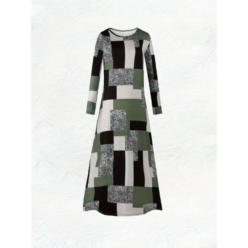 Summer Fashion New Elegant Temperament Casual Women's Plaid Print Long Sleeve Long Dress