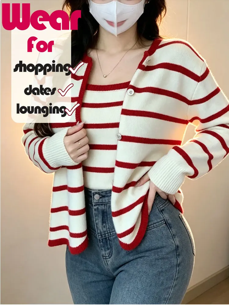 Women's 2 Piece Outfit, Red Striped Knit Cami & Cardigan Set, Thin Korean Style Spring Fashion Suit, Casual Versatile Sun Protec