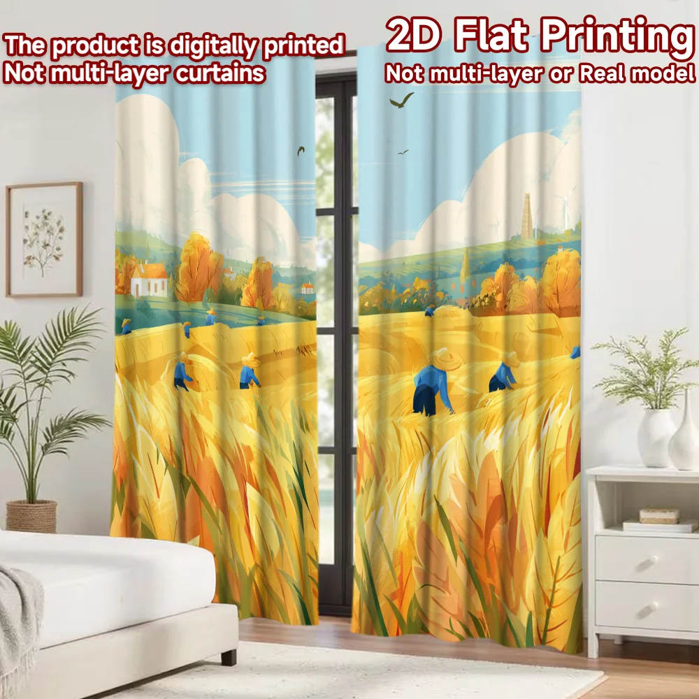 2PCS Digital Print Curtains, Autumn Harvest Wheat Field Farmer Country House Pattern, Illustration Rustic Style for Kitchen ／