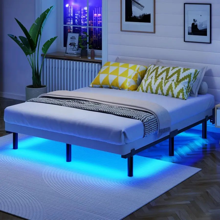 

Каркас кровати с умной LED-подсветкой, 7-дюймовый металлический каркас Basics, усиленное основание на 9 ножках для пружинного блока и матраса, бесшумный.