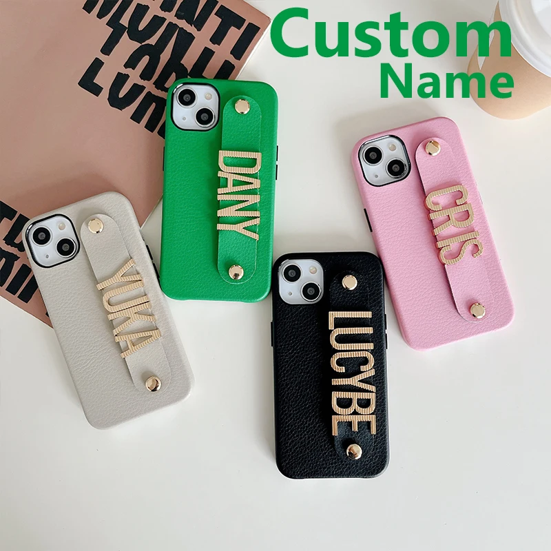 

DIY Leather Phone Case for iPhone Your Name Custom Straps Striped Metal Letters iPhone 11 12 13 14Pro Max Pebble Leather