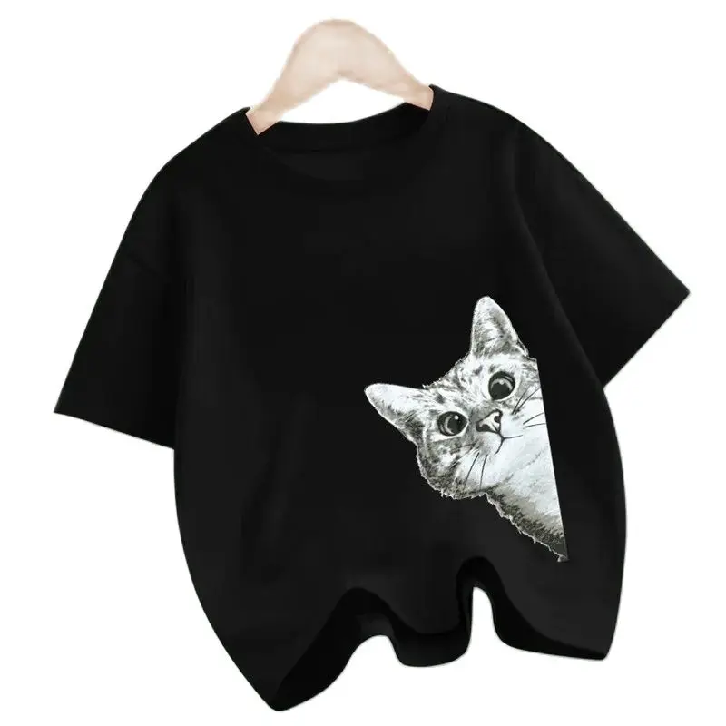 Meow Cat Funny Printing Kids T-Shirts Cotton Tee Clothes Boy Girl Summer Streetwear Tops Loose Short Sleeve T-shirt