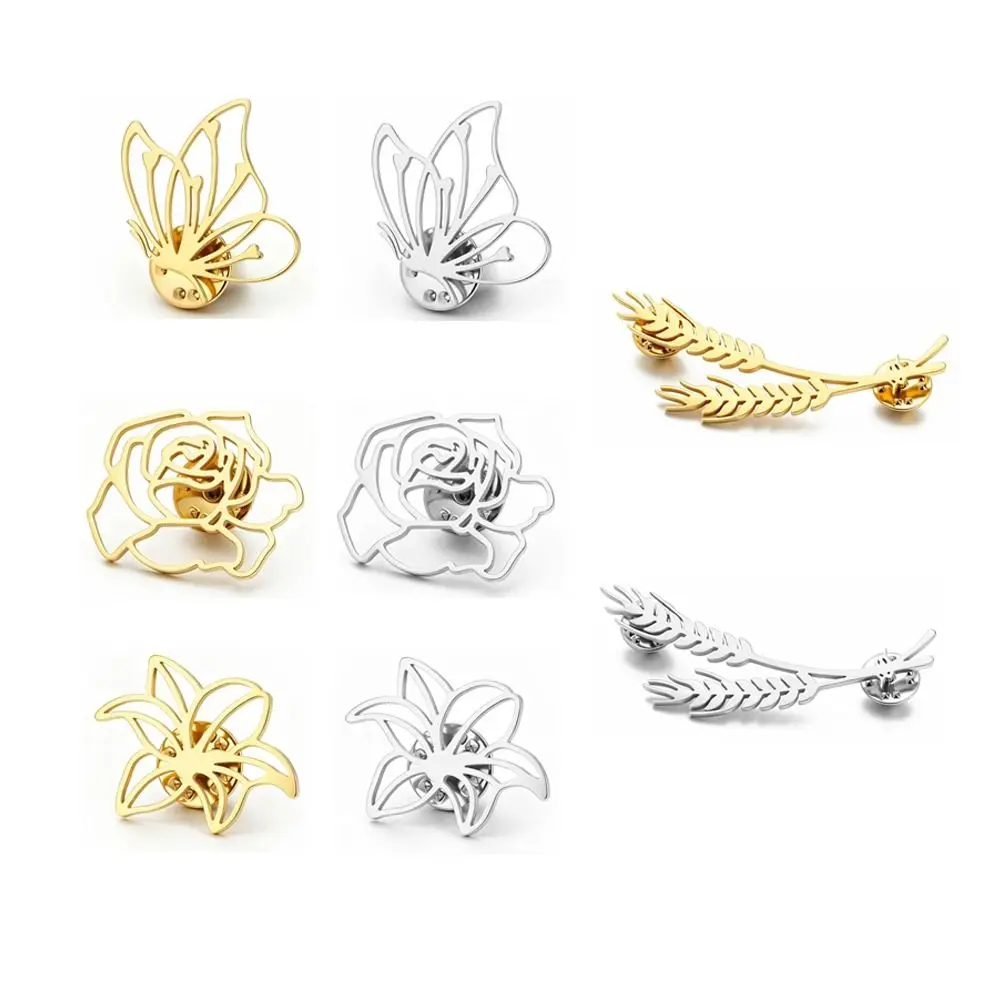 Elegant Stainless Steel Brooches Butterfly Rose Wheat Ears Frangipani Jewelry Accessory Metal Pins Lapel Pins Gift view 2