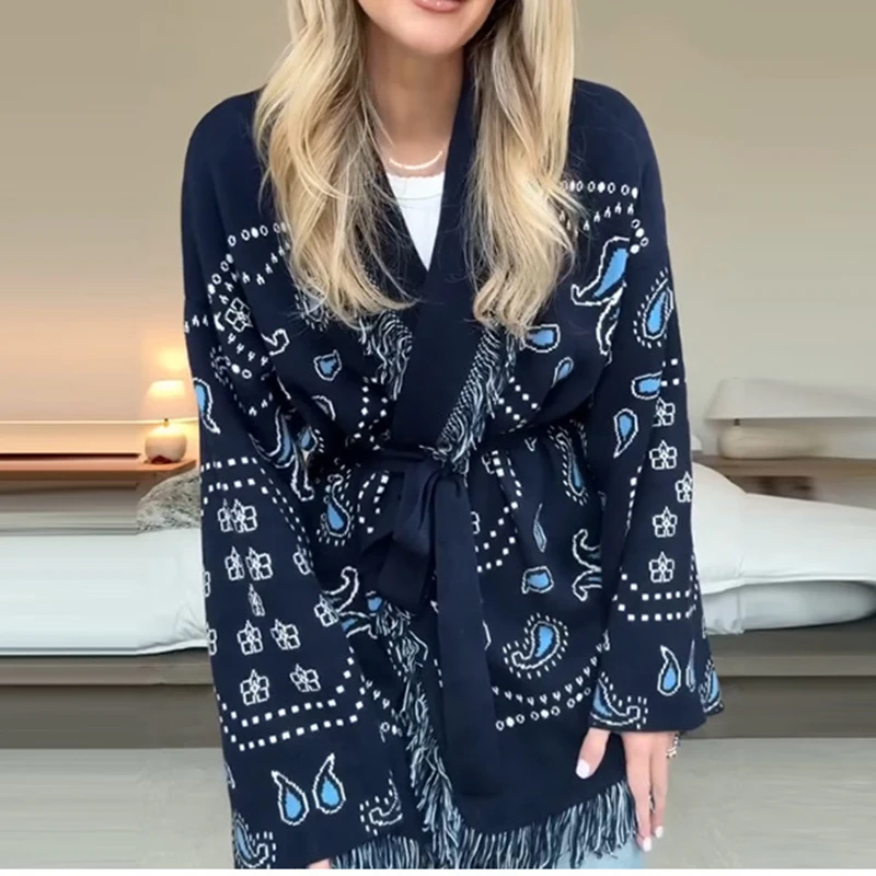 

Elegant V-neck Lace-Up Knitted Cardigan Women Casual Long Sleeve Holiday Sweater Coats Fashion Tassel Patchwork Printed Jackets