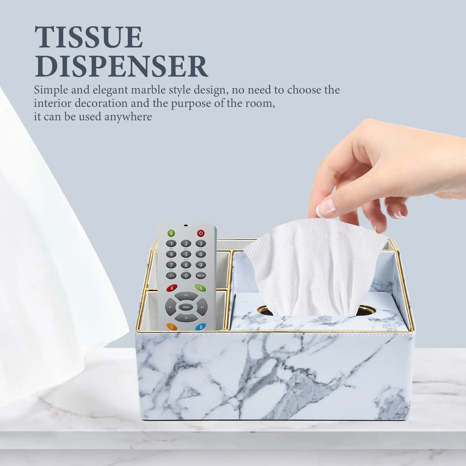 

Marble Print Pu Desktop Storage Case With Grids For Tissue Pens Remote Controller Phone Holder Household Home Supplies