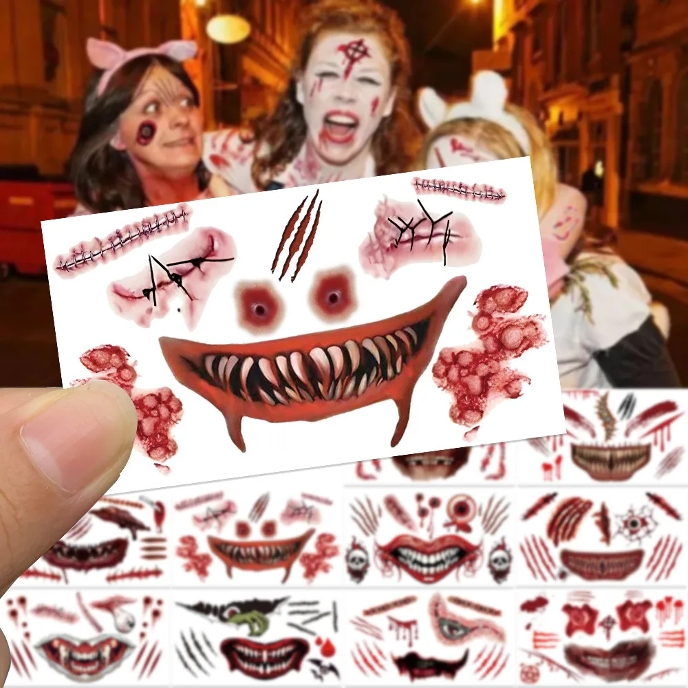 10Pcs New Halloween Bloody Wound Tattoo Stickers DIY Simulation Scar Tattoo Skull Blood Palm Print Horror Halloween Party Decor