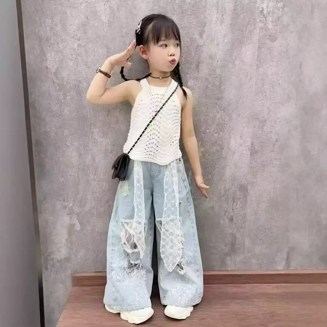 Girls' Summer Set 2026 New Korean Knitted Tank Top Lace Wide Leg Cowboy Pants Two Piece Set