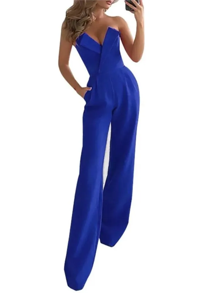 Summer Solid Women's Jumpsuit Sexy Chest Hugging Fashion High Waisted Jumpsuits With Pocket Ladies Foreign Style Office Clothing