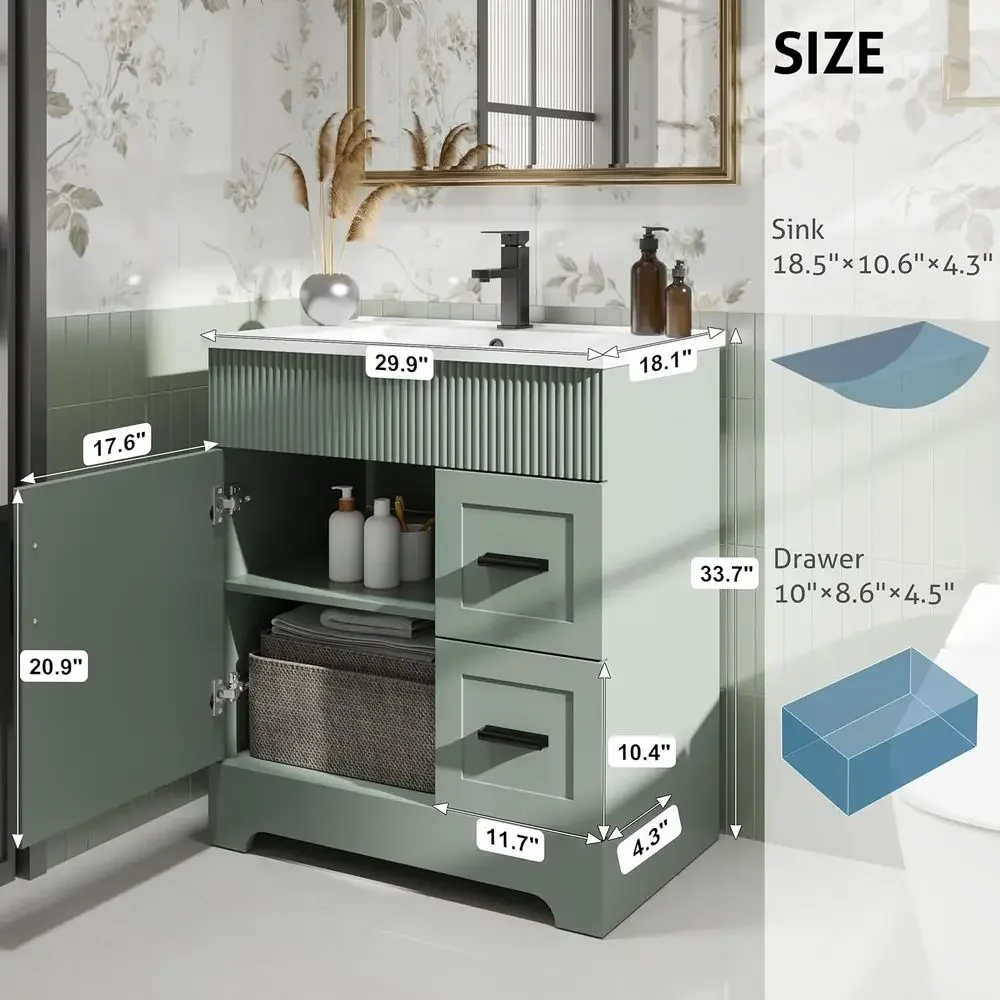 30 Gray Green Painted Vanity with Undermount White Sink and Matte Black Faucet