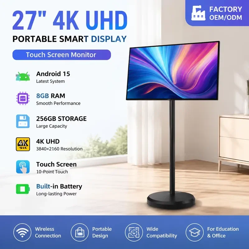 27 Inch 4K UHD Android 15 Portable Smart Touch Screen Monitor 8GB RAM 256GB Storage For Education Office Use