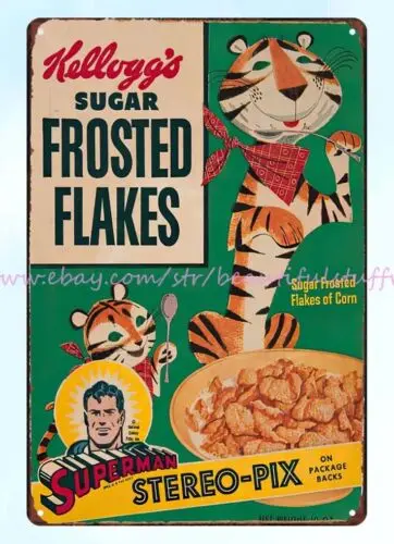 Kellogg'ssugar-escamas esmeriladas para cereales, señal de estaño de metal, impresiones artísticas sin marco, 1950s