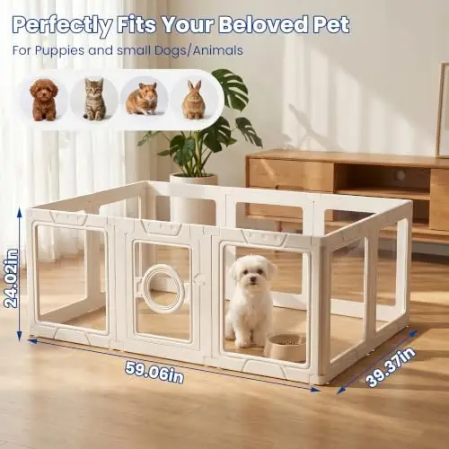 Clear Acrylic Dog Playpen Indoor, Small Pet Play Pen for Puppy Cat Rabbit, Portable Dog Fence Crate Kennel Whelping