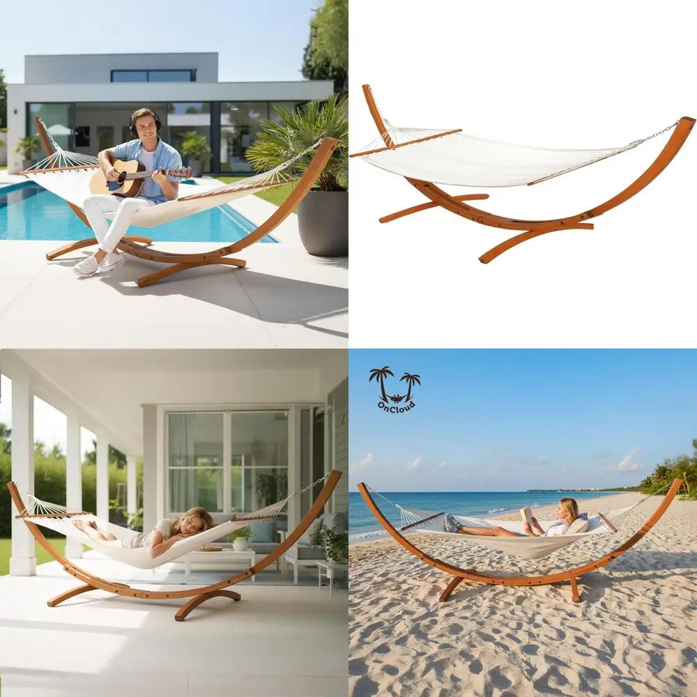 

Double Hammock Set with Curved Hardwood Stand - 10.5t Outdoor Relaxation System (400lb Capacity) (Teak, 14t Set)
