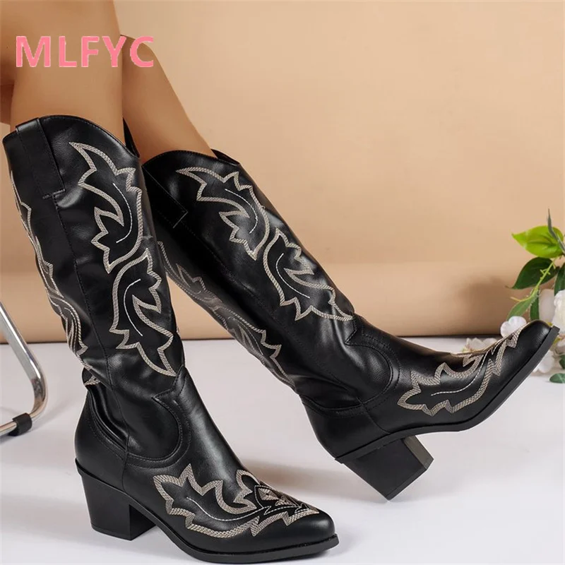 Women's Embroidery Retro Long Boots ladies 2023 New Women's Thick Heel Mid Sleeve V-Neck Knight Boots mujer