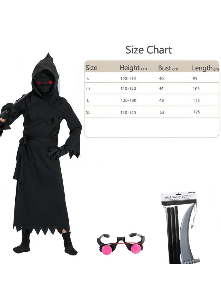 할로윈 의상 공포 롤플레잉 레드 아이 그림 리퍼 코스튬 낫 악마 다크사이드 유령 코스프레 슈트 후드 파티 드레스 장갑