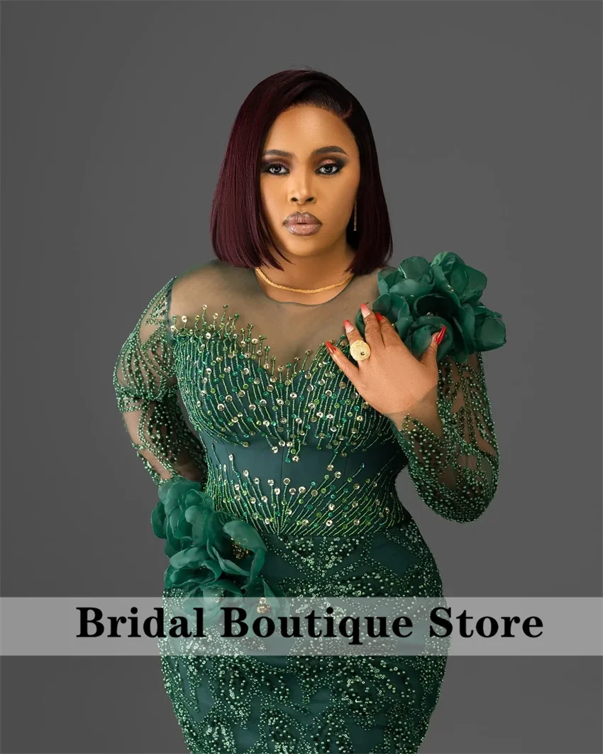 Glitter Dark Green Mermaid Prom Dress Flowers Beaded Evening Dress Formal Party Second Reception Gown Birthday Customized