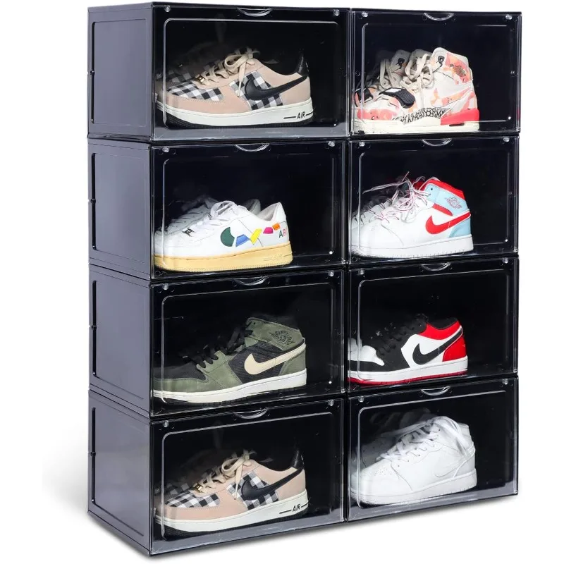 XL clear shoe storage boxes stackable, 8 Pack Large Shoe Boxes Clear Plastic Stackable, Drop side Sneaker Container Fit Size 13