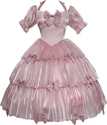 Elegant Pink Gothic Multi Layered Tower Skirt Sexy Off Shoulder Dress with Bow Loose Sleeve Dress Customized with Glass Satin