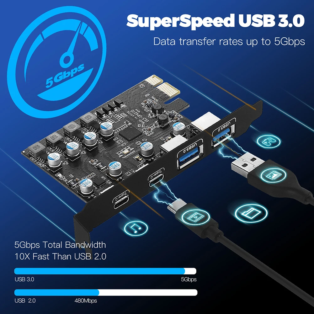 

Карта USB3.0 PCIE 2 * порт USB A + 2 * порт USB C/карта контроллера расширения USB3.2 GEN1 для Windows7/8/10/11/MacOS/Linux
