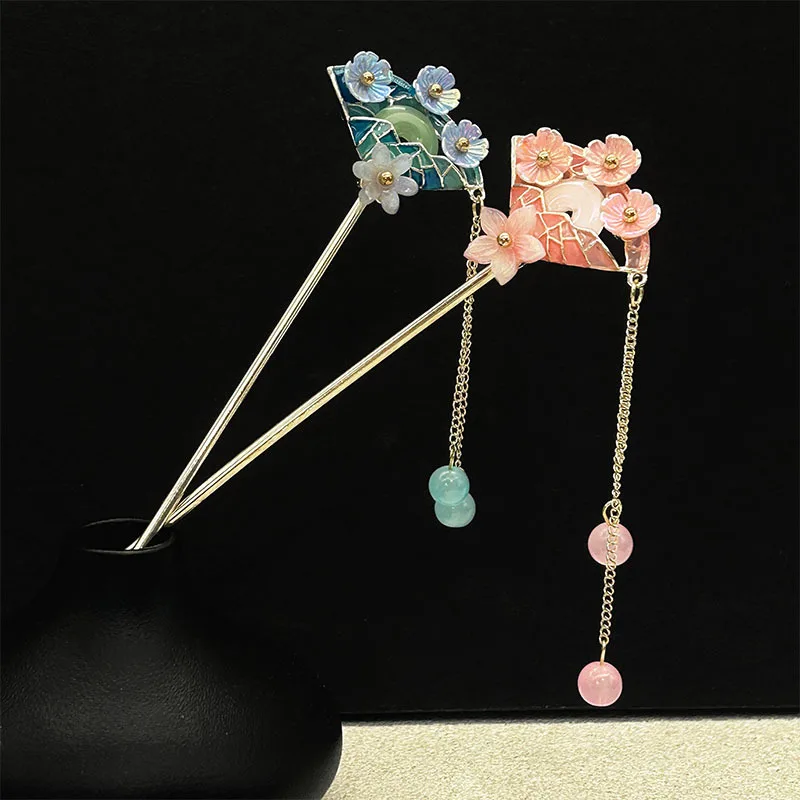 Pink Flower Hair Sticks Forks Retro Chinese Style Alloy Hairpins Side Clips Chain Tassel Pearls Pendant Decor Women Hair Jewelry image 3