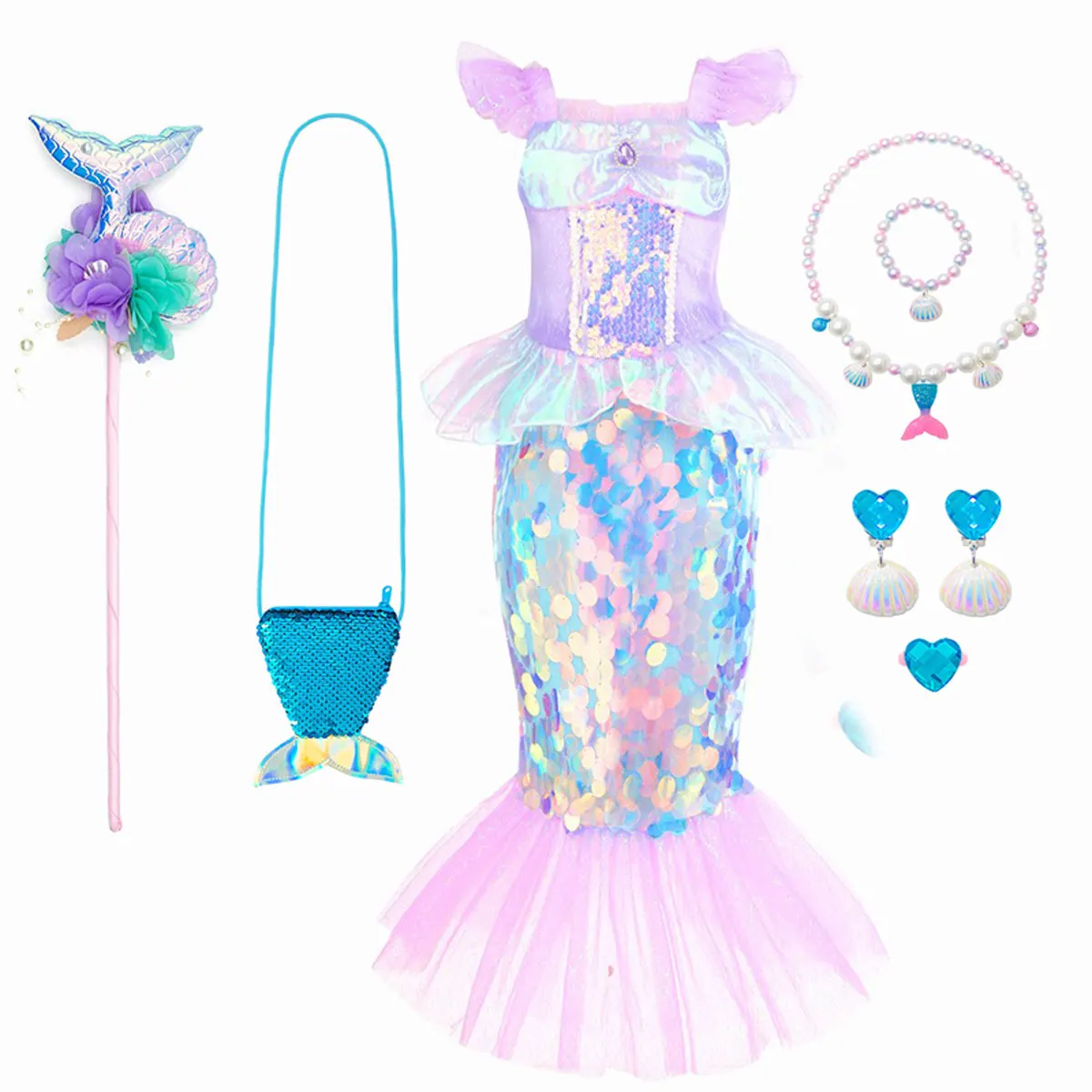 New Little Mermaid Ariel Princess Dress For Girls Short Sleeve Sequins Cosplay Costume Children Carnival Birthday Party Clothes