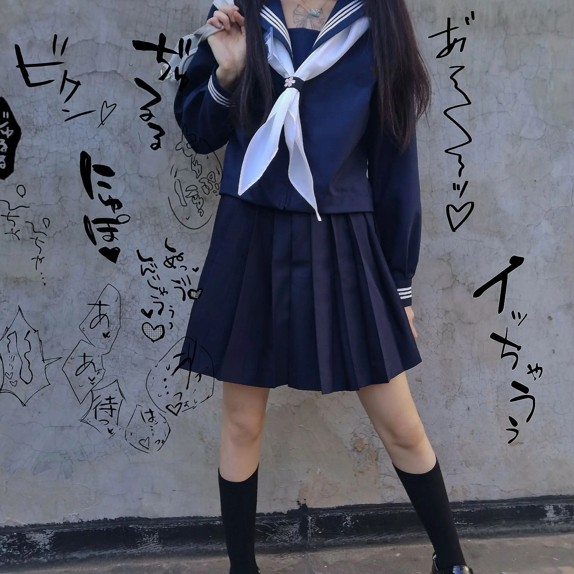 Plus Size Japanese Dark Navy 3 Stripes Sailor JK Uniform Kansai Collar Mid Length Preppy Style Girls Casual Student Daily Outfit