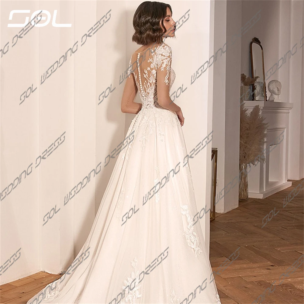 SOL elegan gaun pernikahan renda applique lengan Tulle Panjang leher V gaun pengantin panjang selantai A-Line sederhana gaun pengantin Vestidos De Novia