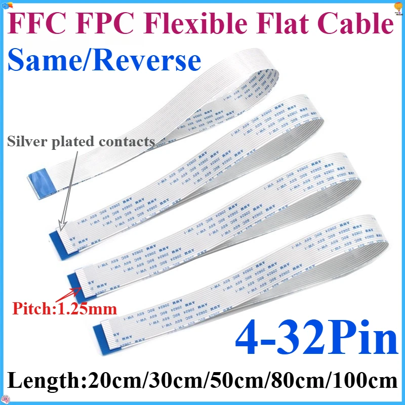2Pcs Flexible Flat Cable FPC FFC 20-100CM 1.25mm Pitch AWM 20624 80C 60V VW-1 in Multiple Pin Options for Electronics Market