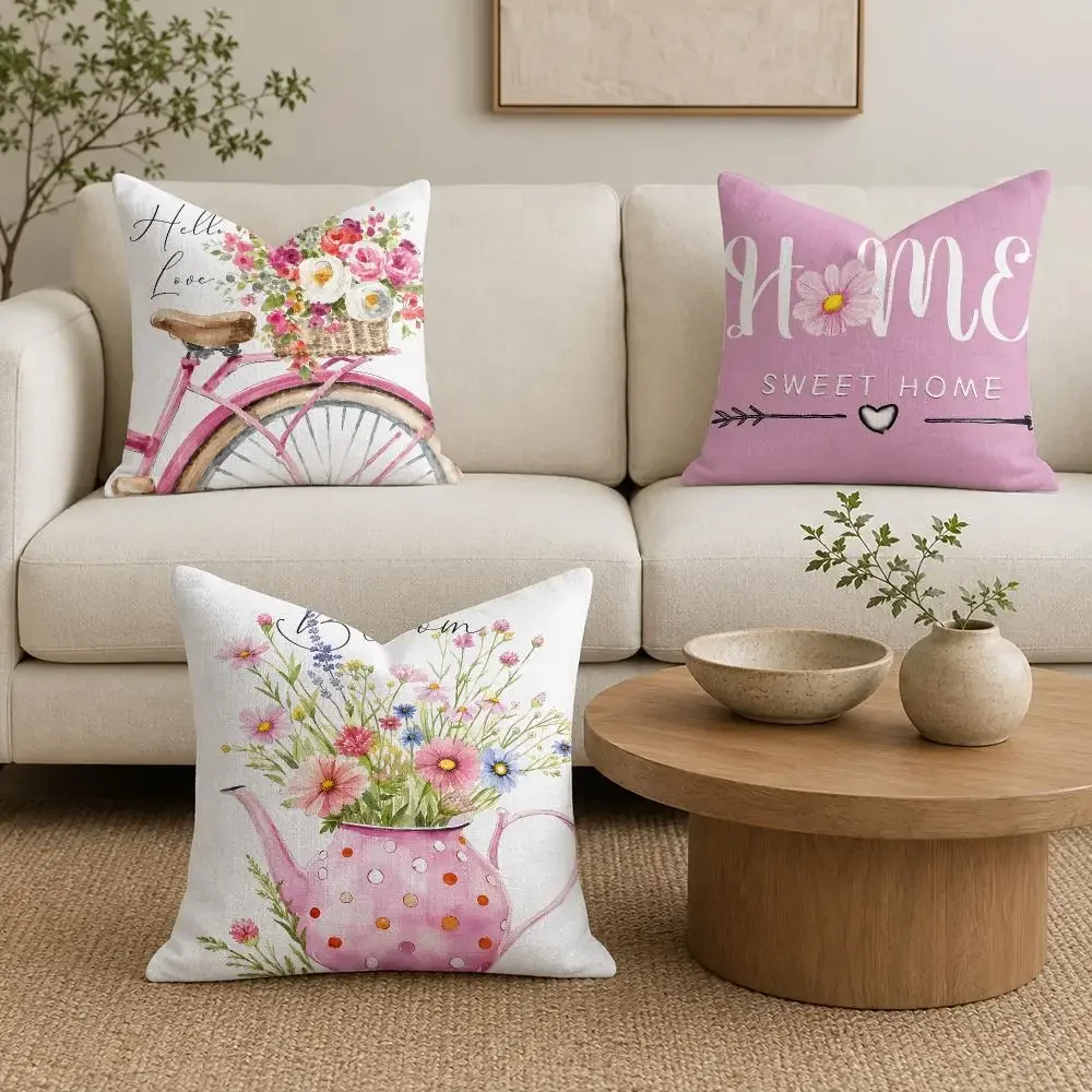 Pastel Bike Floral Home Script Double-sided Printed Linen Fabric Sofa Home Decor Gift Cushion Cover