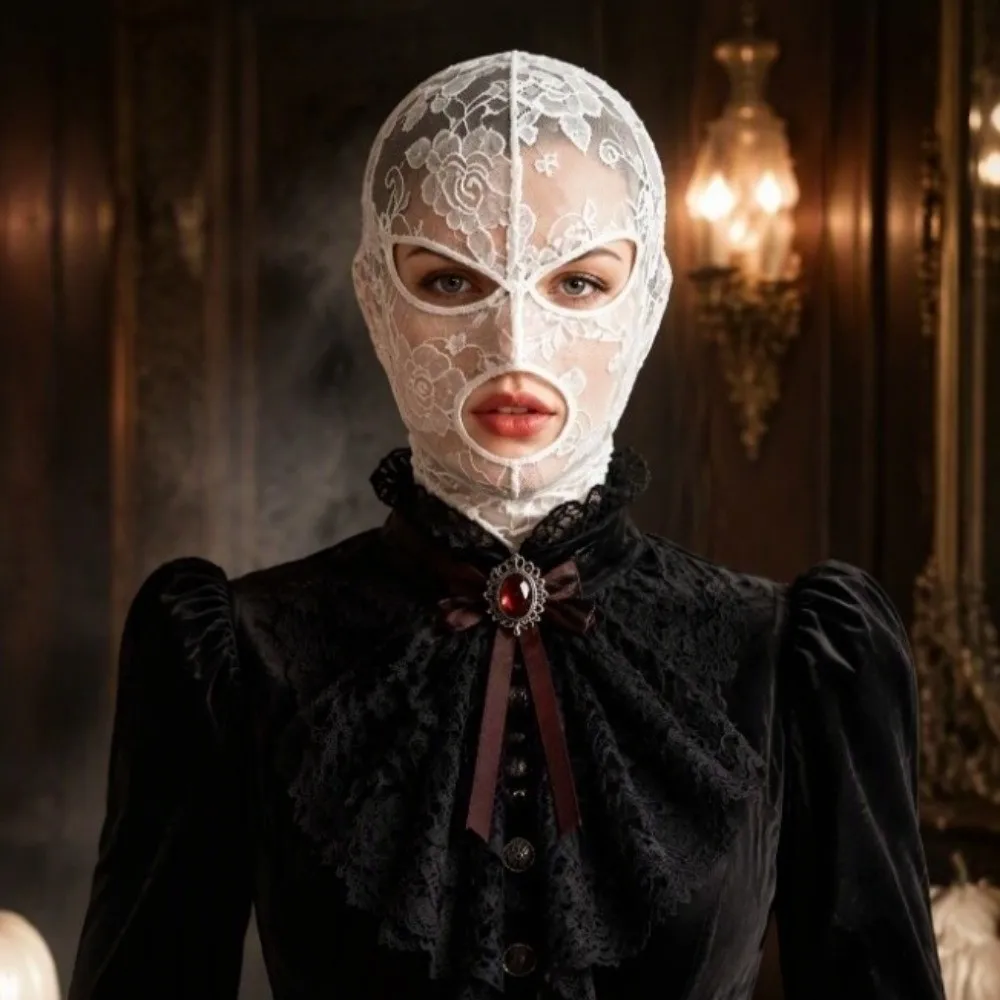Vintage Halloween Head Cover Quick-dry Elegant Unisex Full Face Headgear Breathable With Eye Mouth Openings Gothic Lace Mask