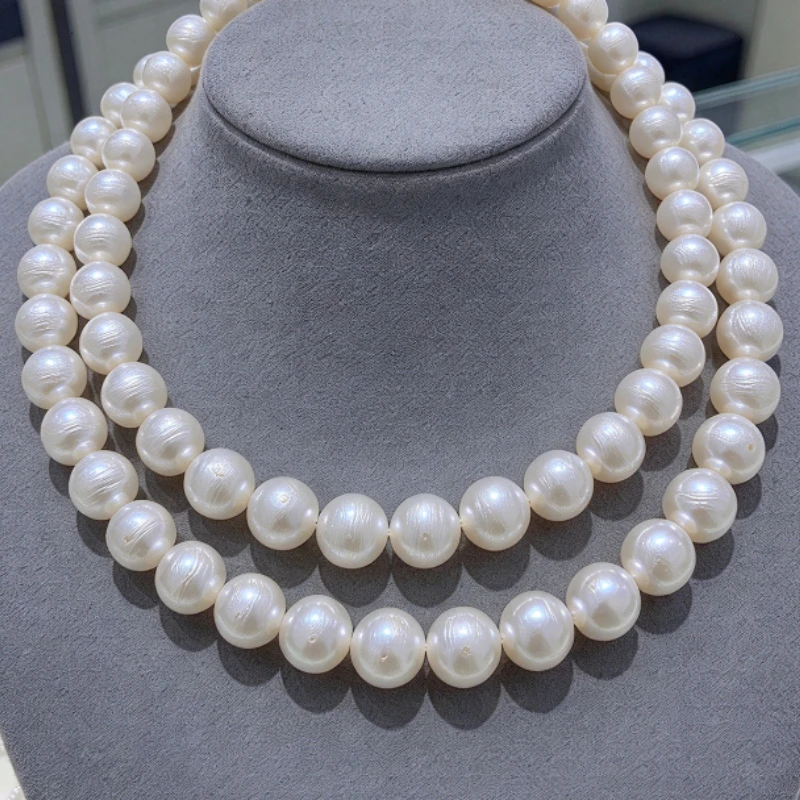 White Pearl Necklace, 11-14mm Round Pearls, Natural Growth Texture Defect, Elegant Women Jewelry