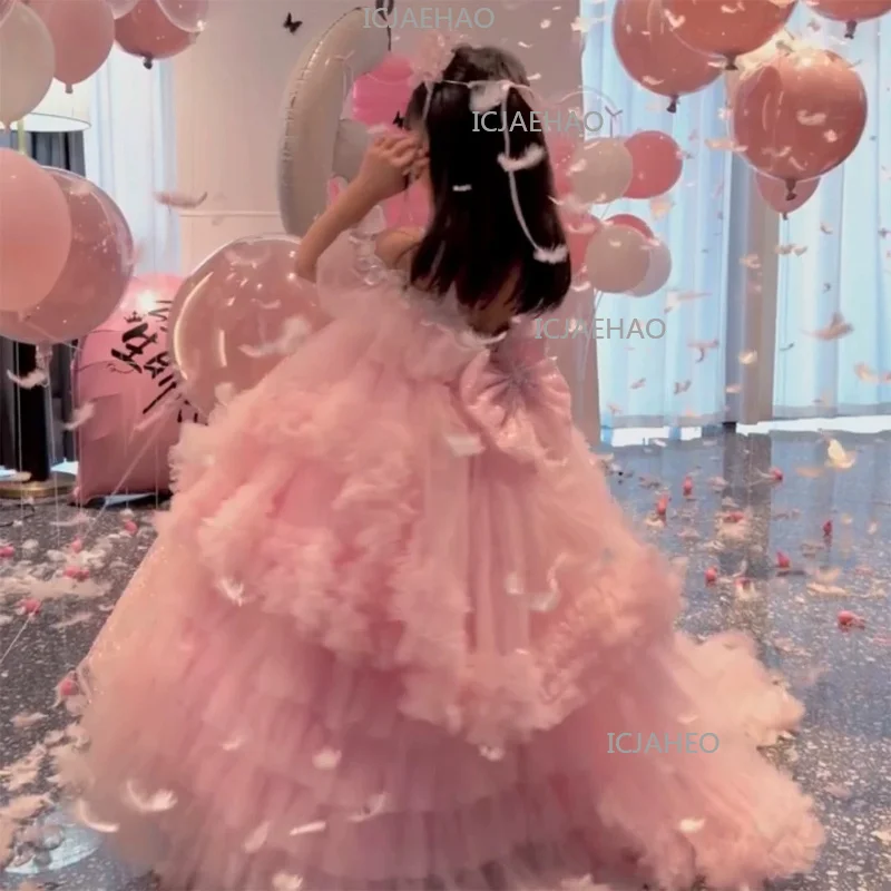 2026 Children Pink Birthday Party Princess Elegant Fashion Tutu Girls Sweep Train Dress Kids Host Model Performance Gown Clothes