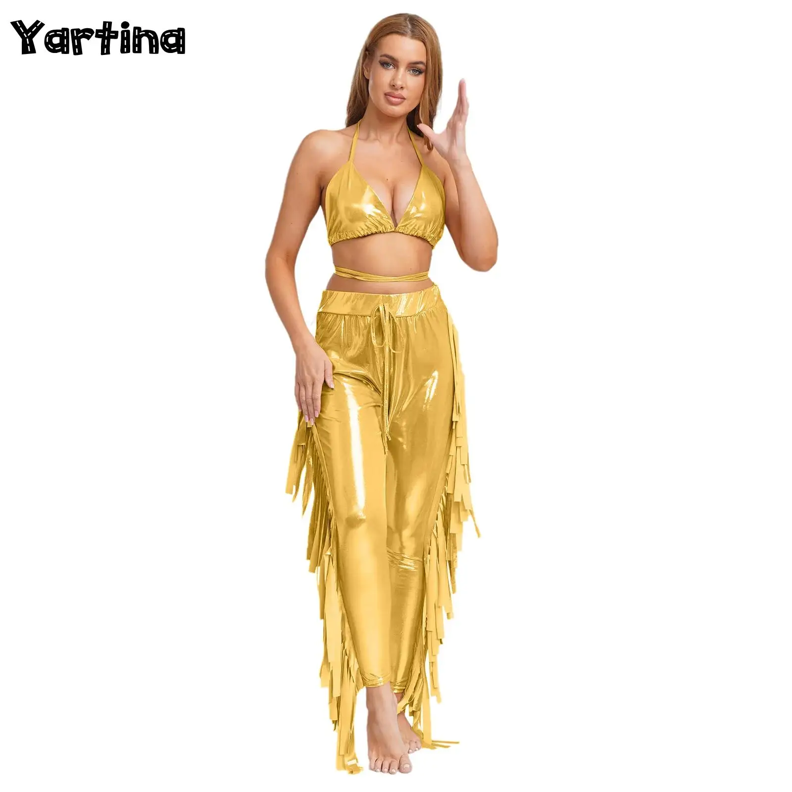 

Женский блестящий костюм для выступлений в стиле хиппи, джаз, бюстгальтер на шнуровке, топы и брюки для бега с бахромой, индийские наряды для танца живота