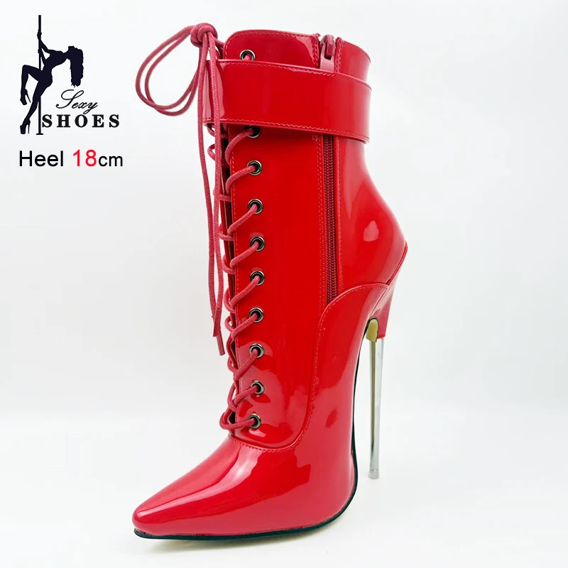 

2025 New Sexy Pointed Toe Fetish Ankle Boots 18CM Super High Heel Stiletto Metal Heels Ladies 7Inch Strap Wrap Club Shoes Red