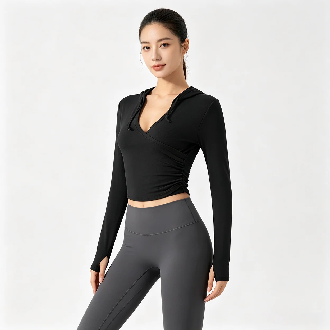 Damen Slim Fit Yoga-Shirt mit Kapuze, V-Ausschnitt, Langarm-Oberteil für Outdoor-Fitness, Laufen, Yoga, Sportbekleidung, Schlankmachende Trainings-Oberteile – Detail 8