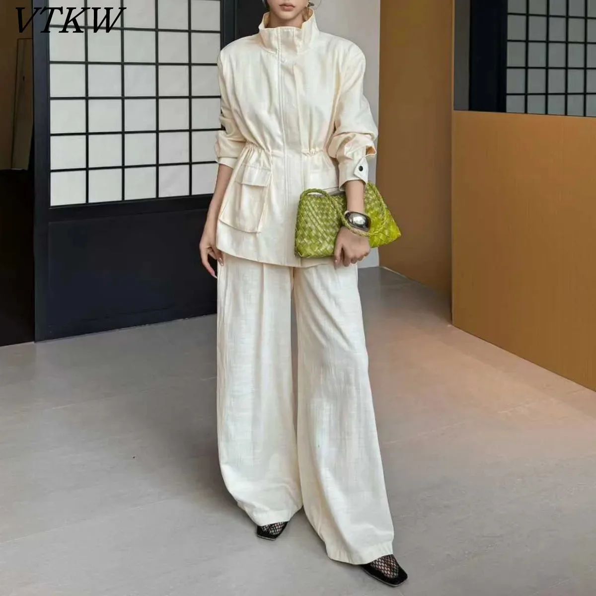 

VTKW Elasticity Designer Waist Stand Collar Jacket+wide Leg Straight Pants 2 Piece Set For Women 2025 Spring Autumn New Fashion