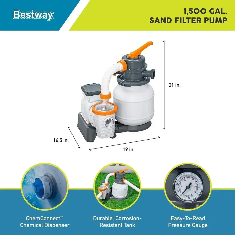 1500 Gallon Sand Filter Pool Pump for Above Ground Pools, 300-11,200 Gallon Capacity (Sand Not Included)
