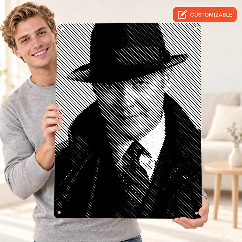 Raymond Reddington Hat Portrait Aluminum Poster Personalized Metal Sign Monochrome Wall Art For Living Room, Cinema Lover Gift