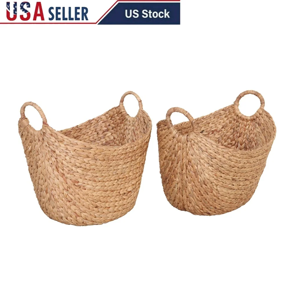 

Extra Large Water Hyacinth Decorative Storage Basket Set of 2 Durable Woven Baskets with Handles Home Organization and