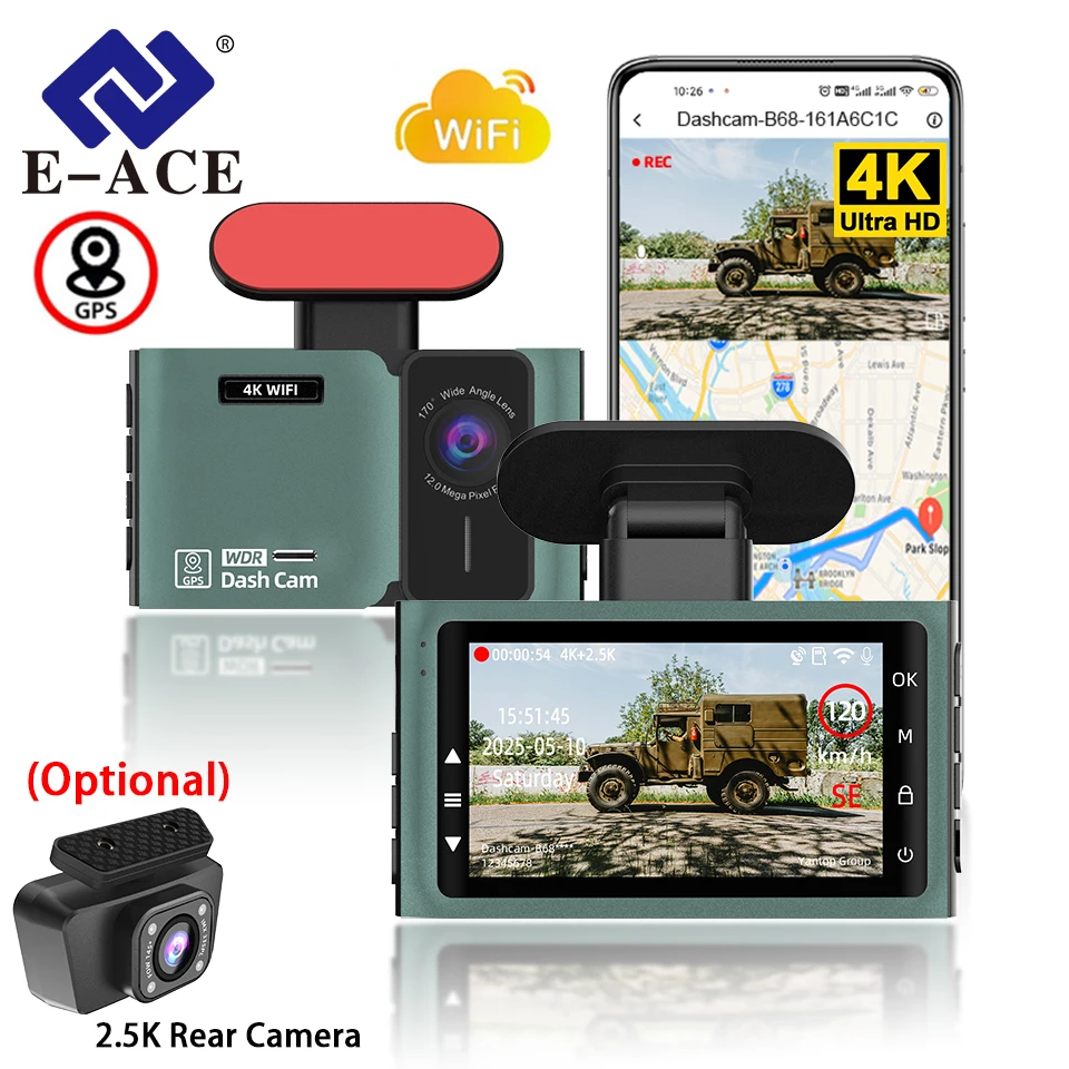 

UHD 4K Автомобильная передняя видеорегистратор с GPS-приемником и Wi-Fi, мини-автомобильный видеорегистратор с 24-часовым мониторингом парковки, дополнительная задняя камера 2,5K для автомобиля