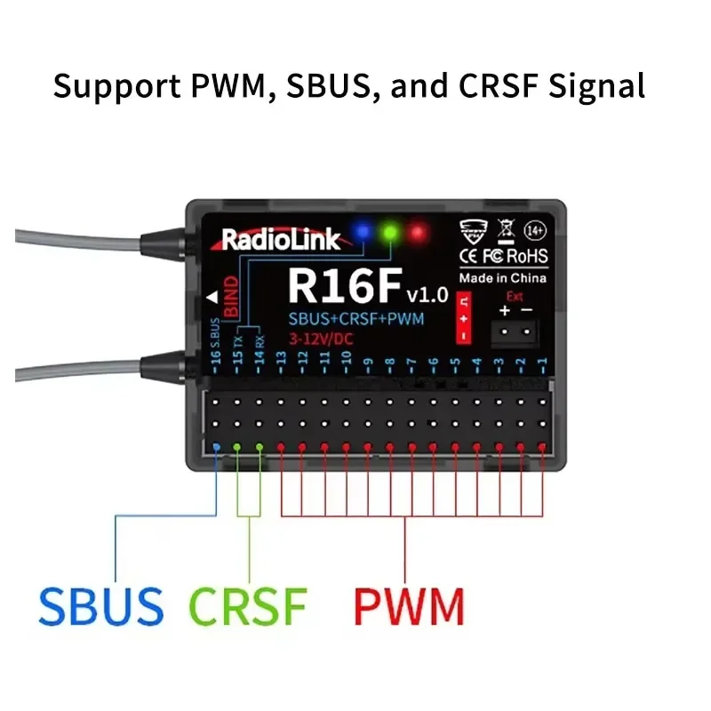 Radiolink R16F ricevitore RC 16 canali 2.4G giroscopio trasmissione di tensione per auto telemetria 600m RX a lungo raggio per RC Car Boat Airplane