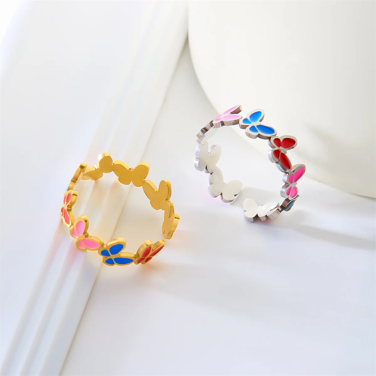 Exquisite Stainless Steel Colorful Enamel Flower Opening Rings For Women Men Fashion Vintage Butterfly Heart Finger Ring Jewelry