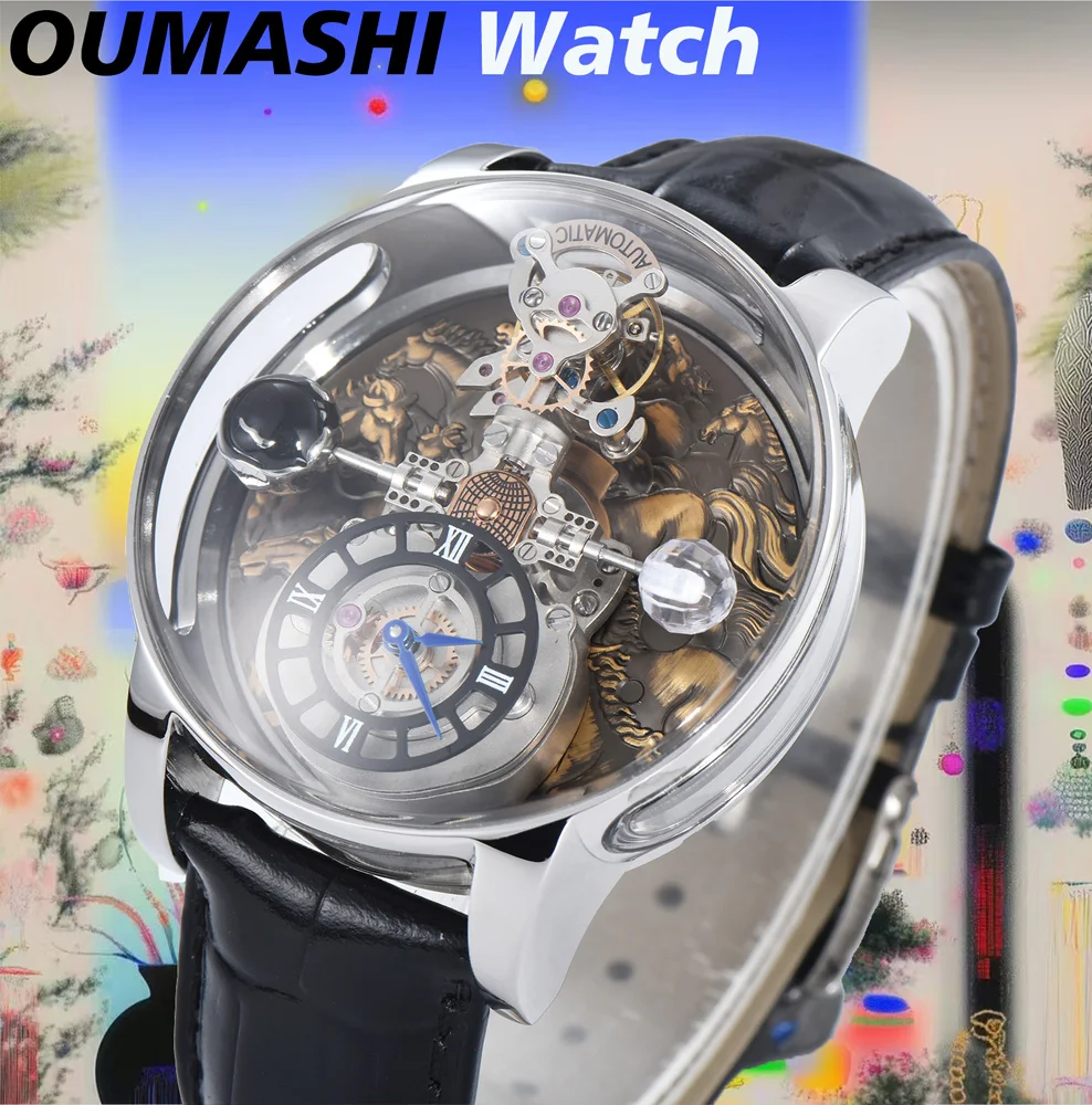 46mm Vintage Horse Men’s Fashion Quartz Watch High-Hardness Glass Stainless Steel Case Swiss Quartz Movement Leather Strap Watch