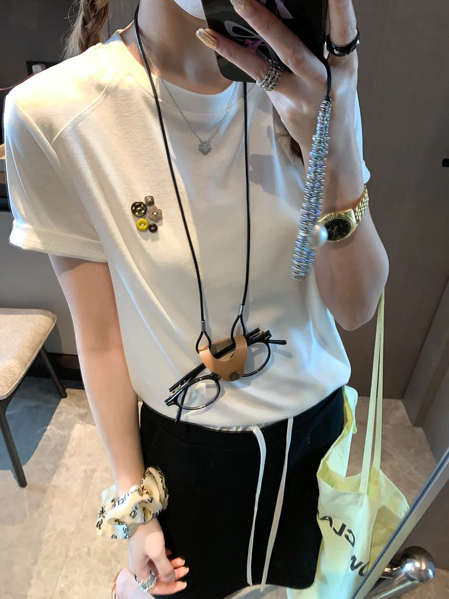 

Spring women's casual solid color button shoulder seam split shoulder short sleeved T-shirt